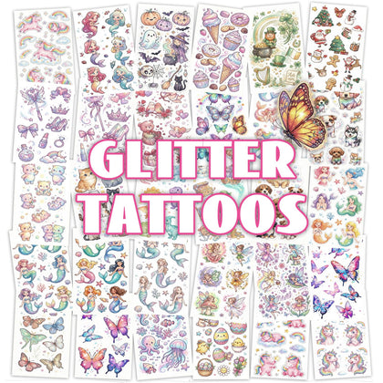 Keikihipa tatouages temporaires paillettes, motifs dinosaures et licornes