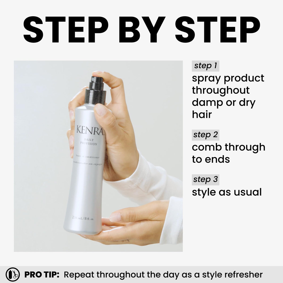 Kenra Daily Provision Après-Shampooing sans rinçage application sur cheveux