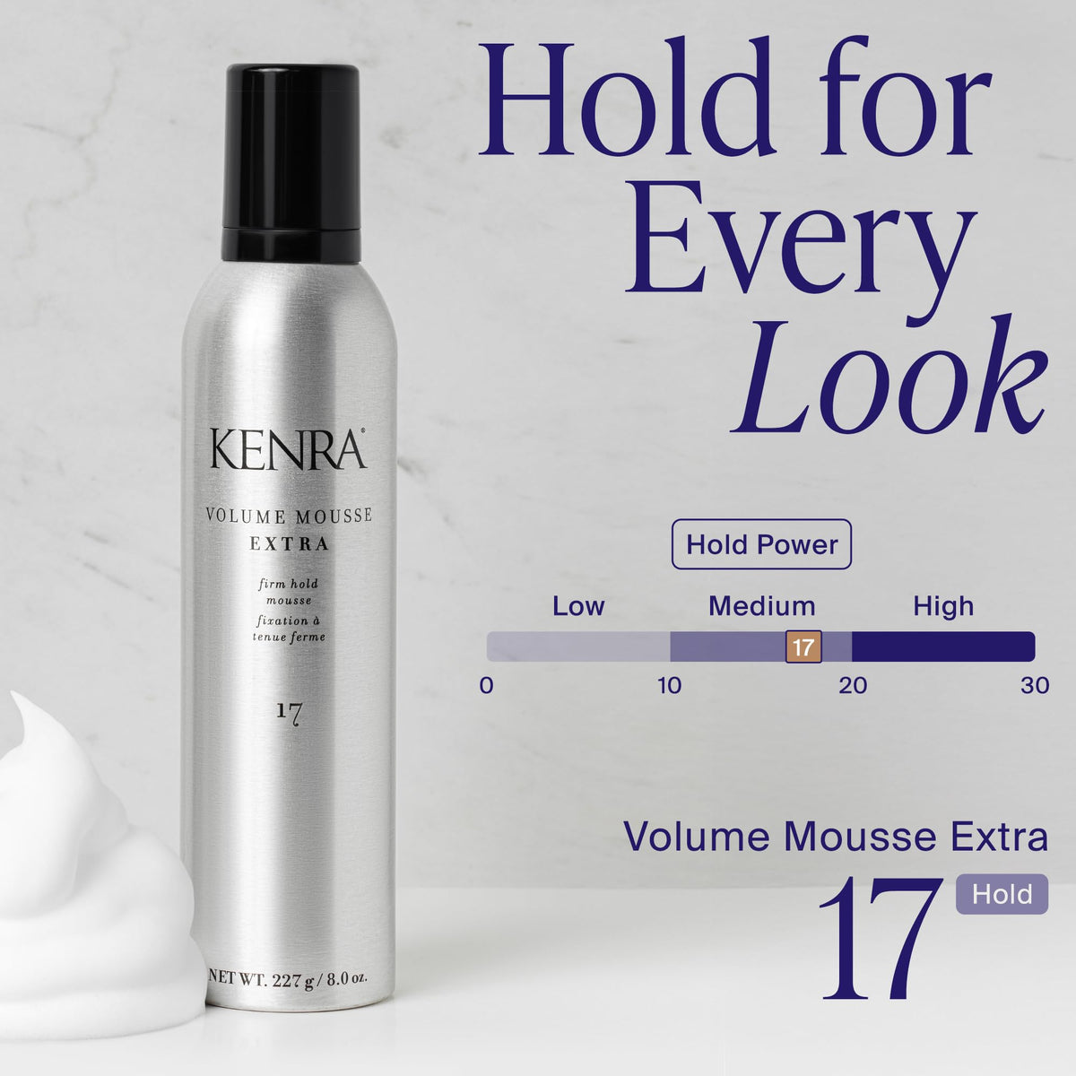 Kenra Volume Mousse Extra 17 sur un fond de salle de bain