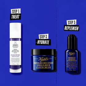 Kiehl's Crème Nuage de Récupération de Minuit montrée à côté de produits de soin de la peau
