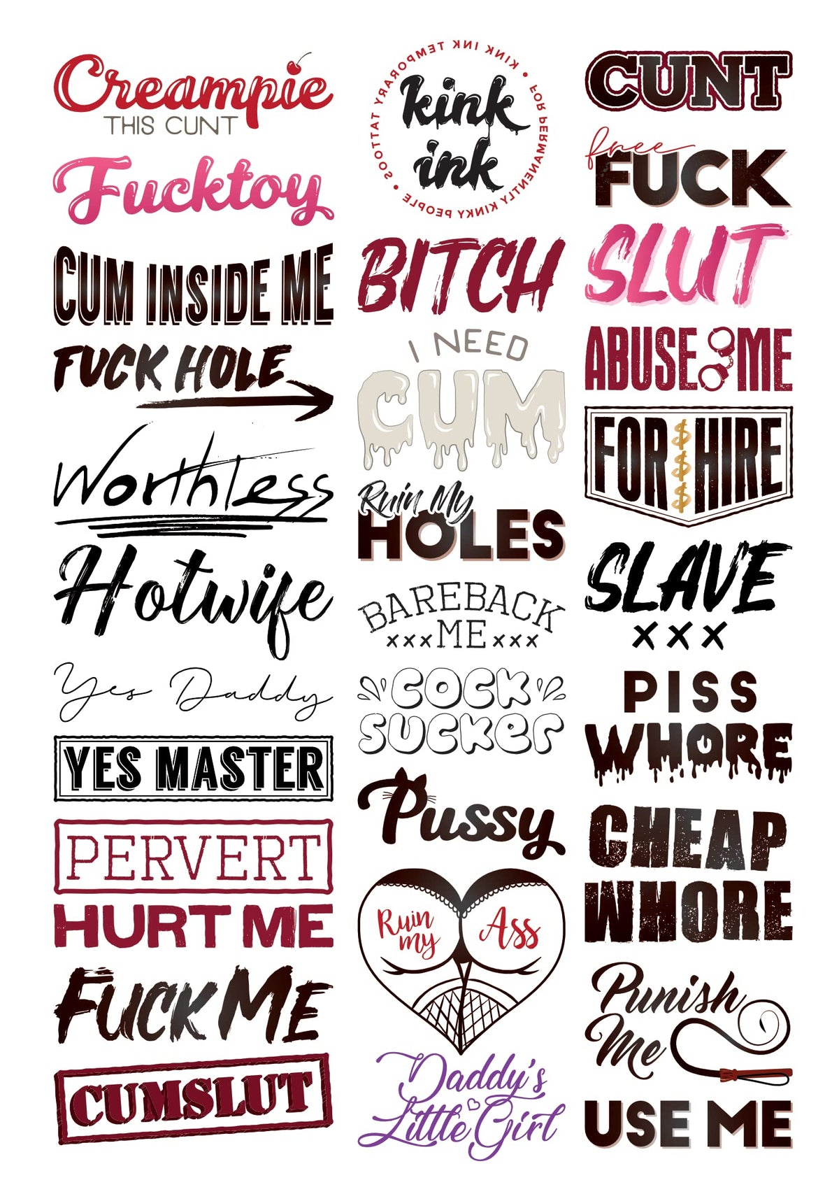 kink ink 30 tatouages temporaires design unique sur feuille A4