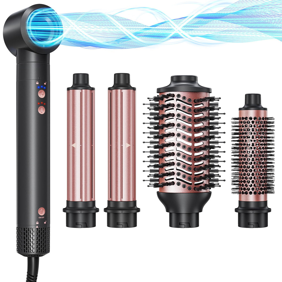 Kinked Brosse à Air Chaud 5-en-1 vue de face avec accessoires