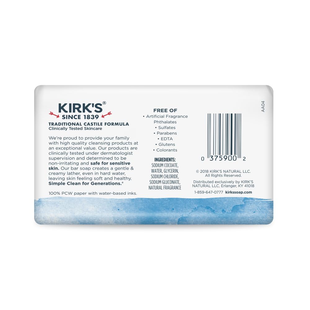 Kirk's Savon de Castille barre 4 oz vue arrière avec informations nutritionnelles