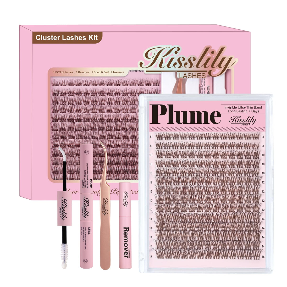 Kisslily kit d'extensions de cils plume brunes avec bande invisible
