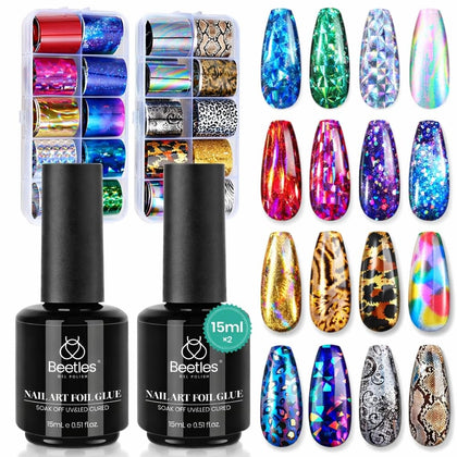 Kit art d'ongles Beetles avec 20 feuilles et 2 bouteilles de colle 15 ml