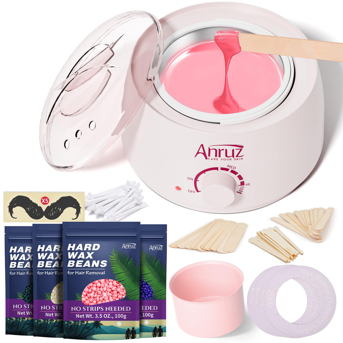 Kit d'épilation ANRUZ avec réchauffeur de cire rose et accessoires