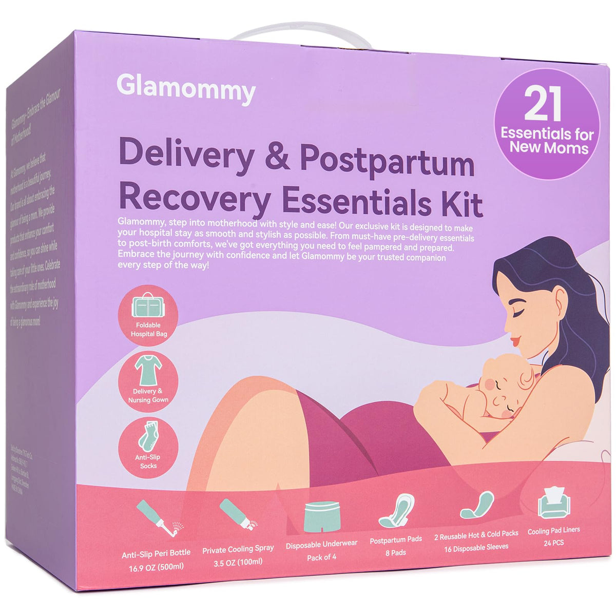 Kit d'essentiels de récupération postpartum Glamommy, vue d'ensemble