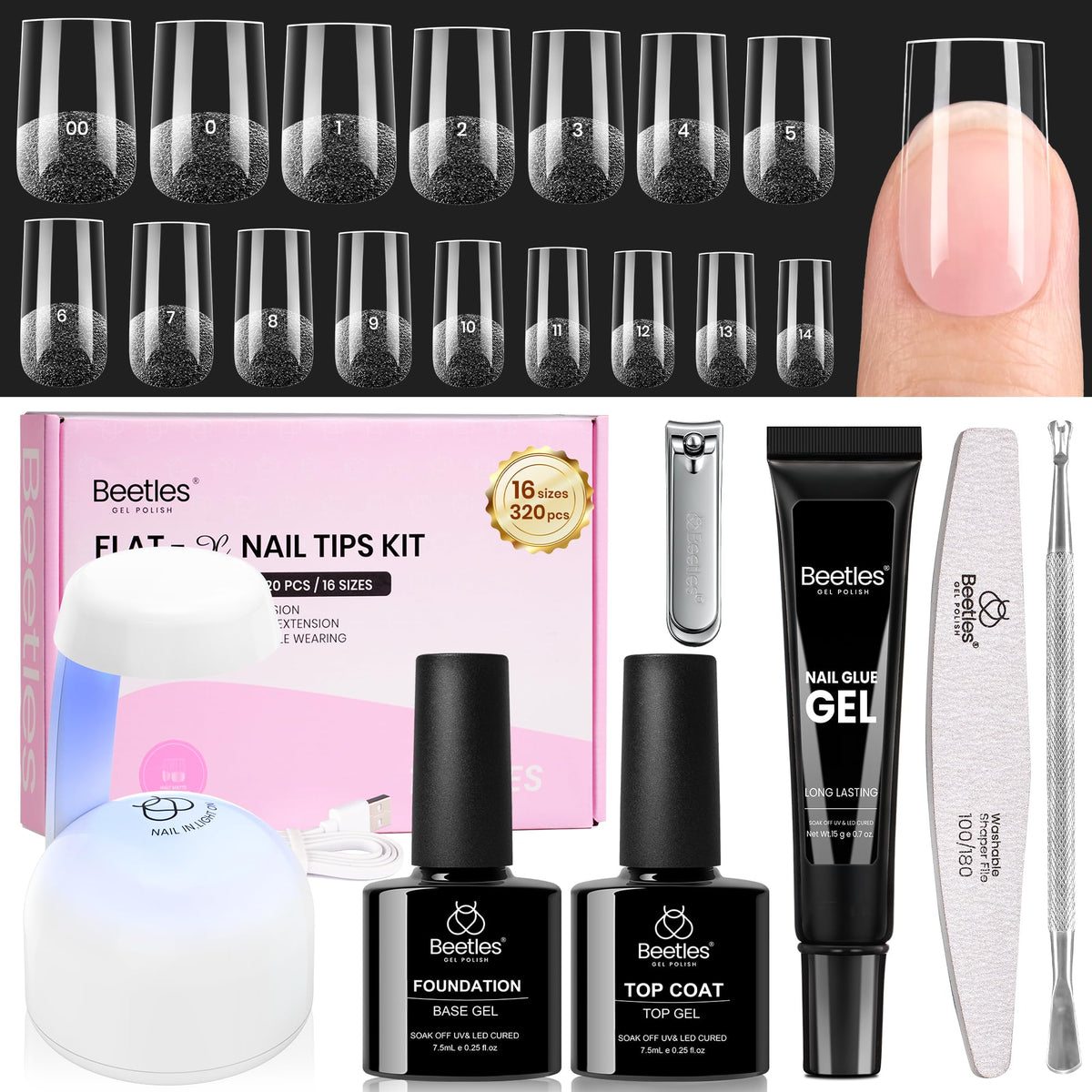 Kit d'Extension d'Ongles Beetles avec 320 embouts carrés