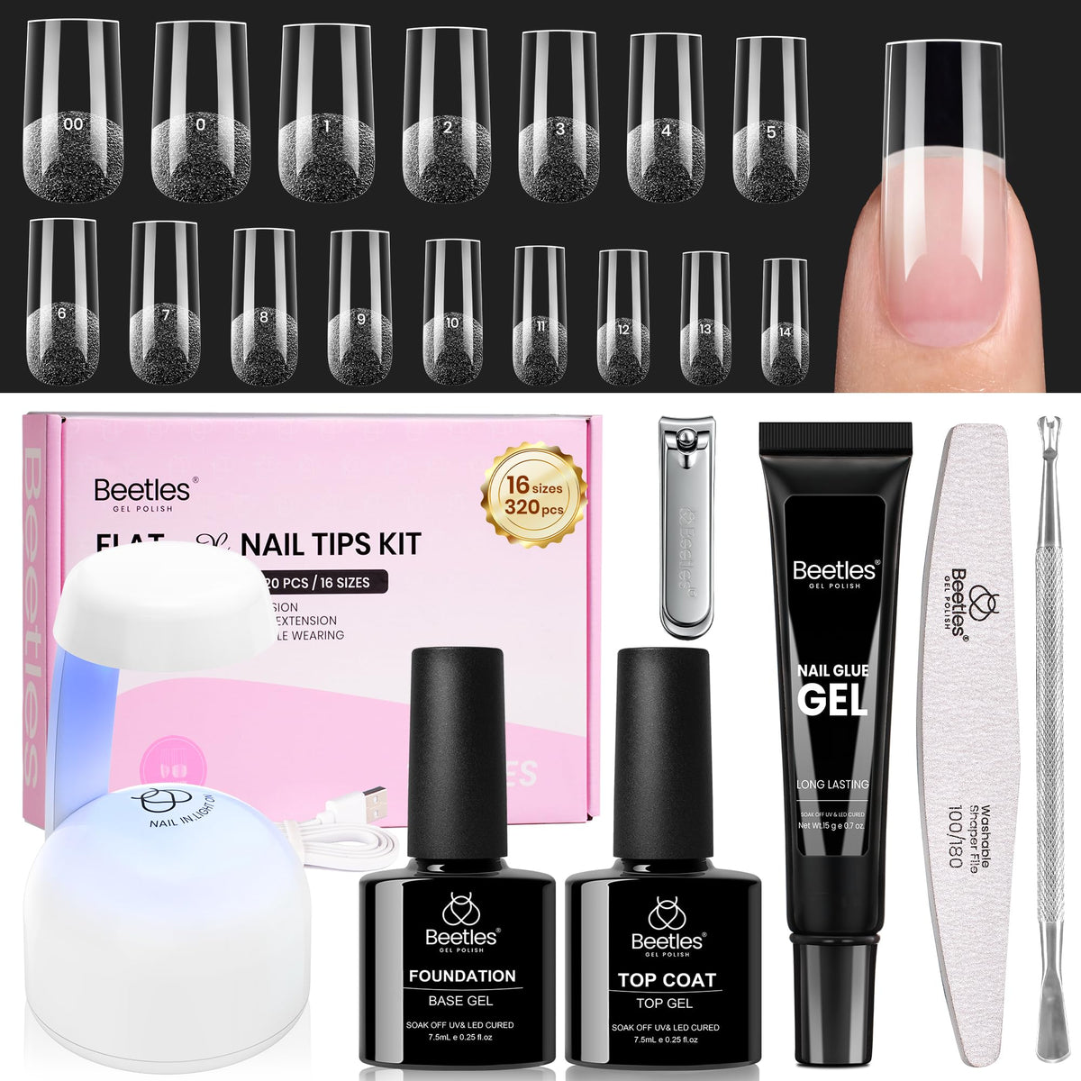 Kit d'extension d'ongles Beetles avec accessoires et lampes UV