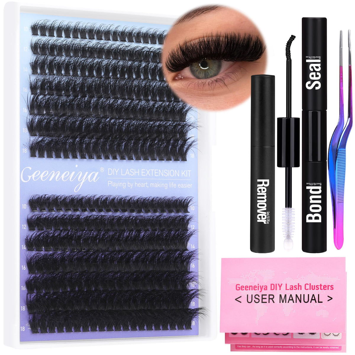 Kit d'extension de cils Geeneiya avec 280 cils individuels et outils