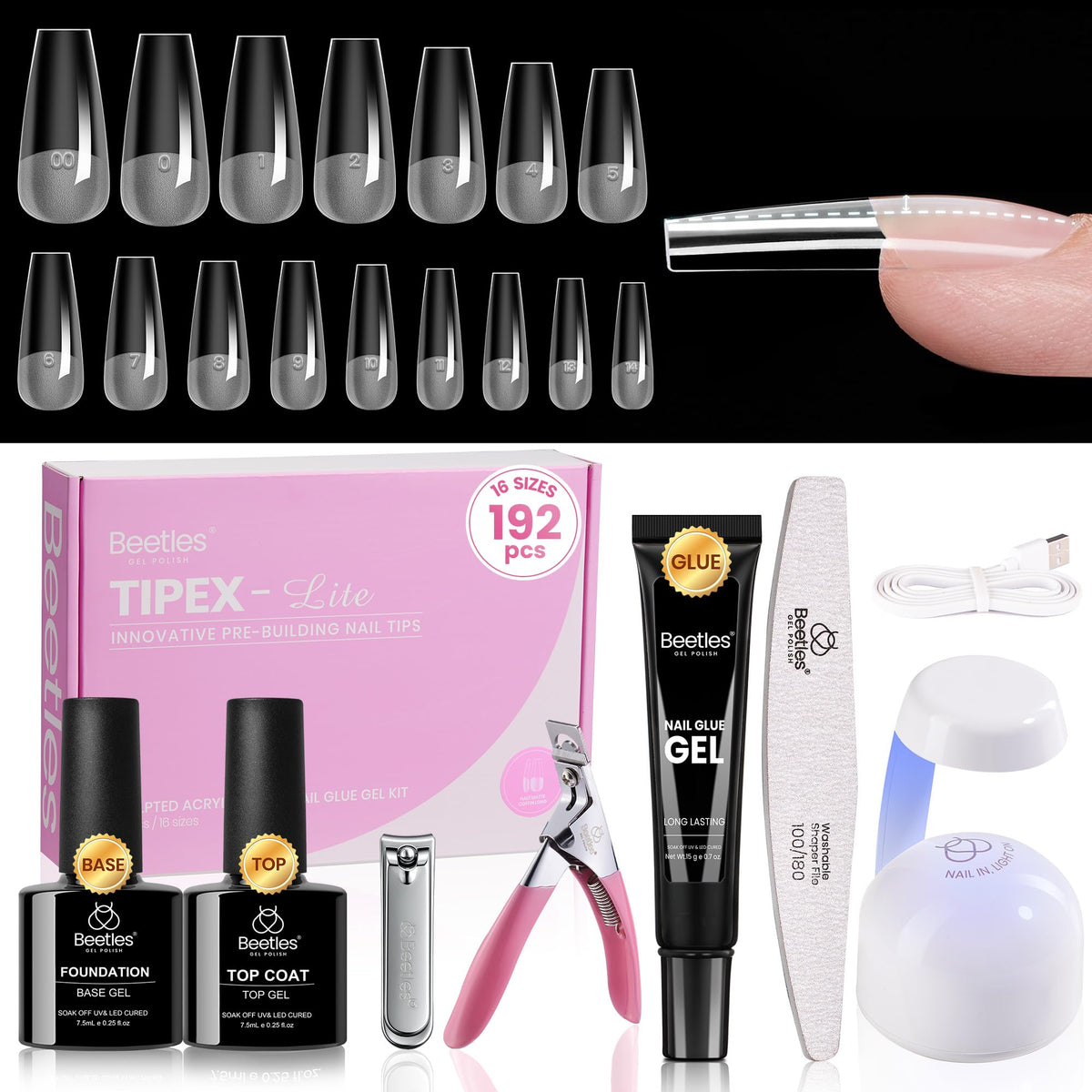 Kit d'extensions d'ongles beetles avec 192 pièces, vue de face