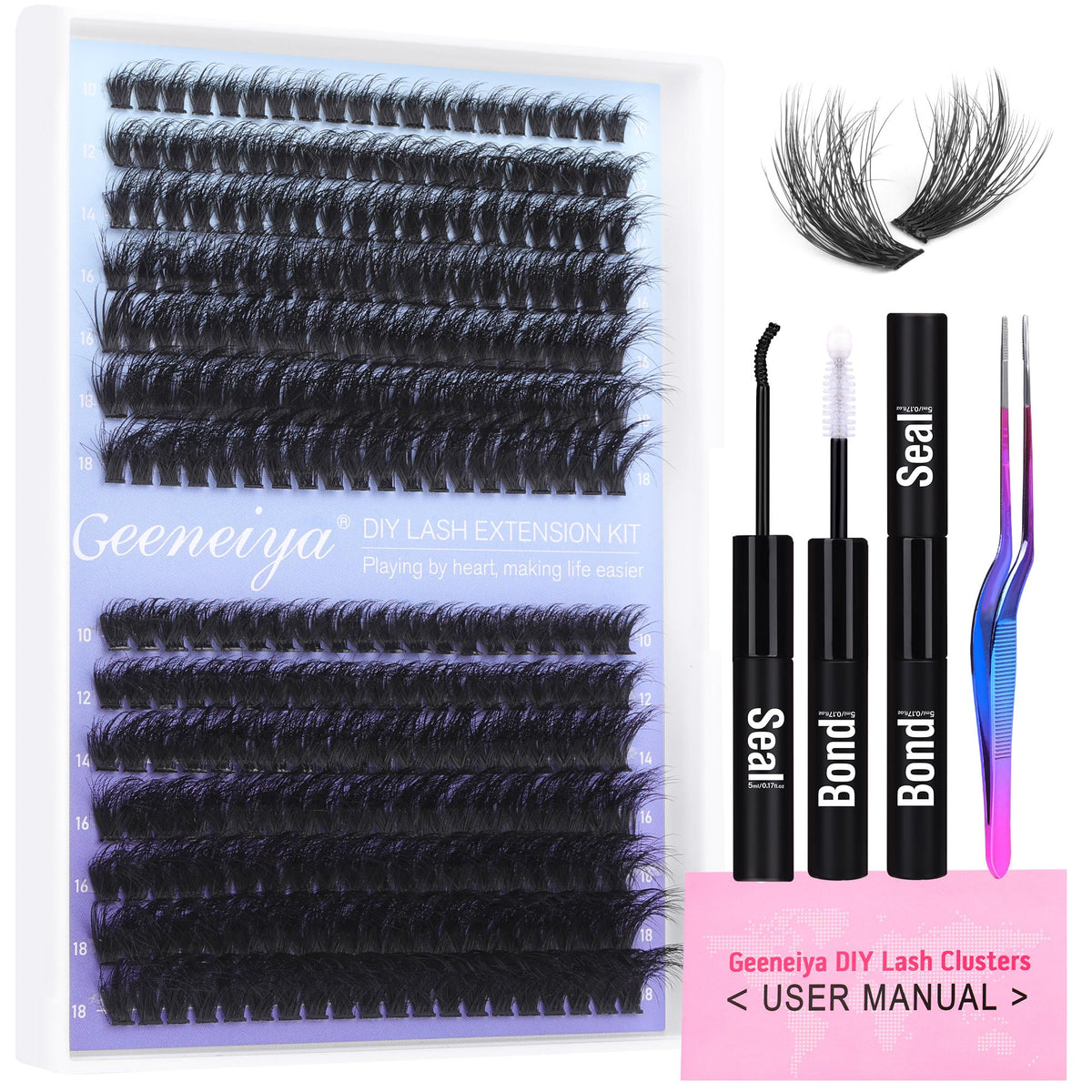 Kit d'extensions de cils Geeneiya avec 280 cils individuels et accessoires