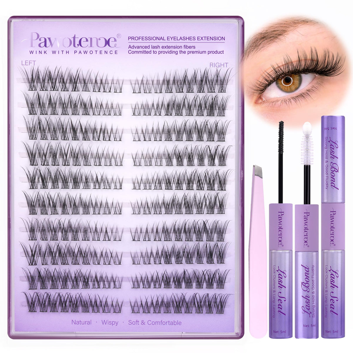 Kit d'extensions de cils Pawotence 180pcs avec applicateur et adhésif