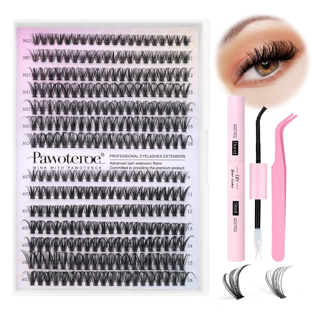 Kit d'Extensions de Cils Pawotence avec 280 cils en clusters