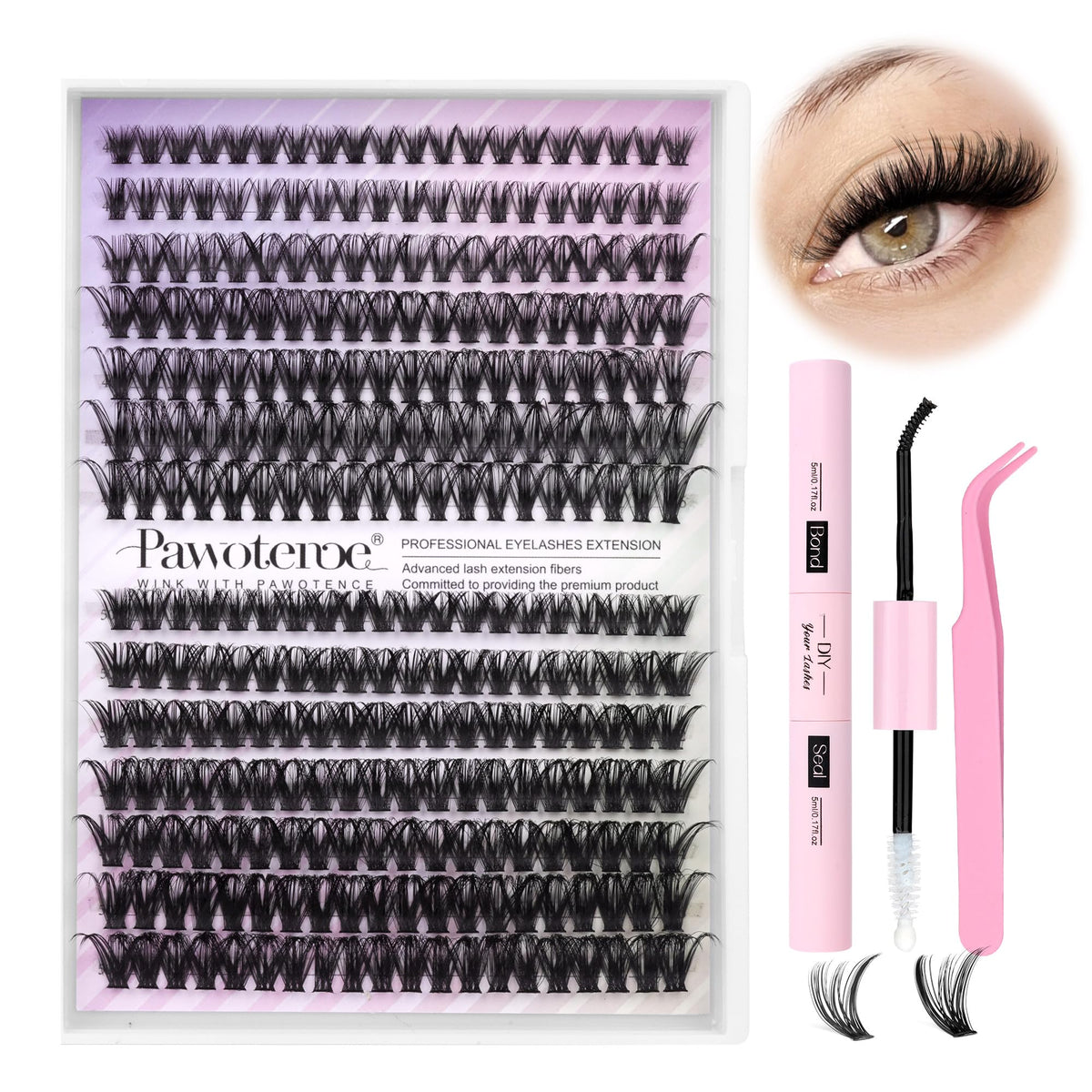 Kit d'extensions de cils Pawotence avec 280 cils et accessoires