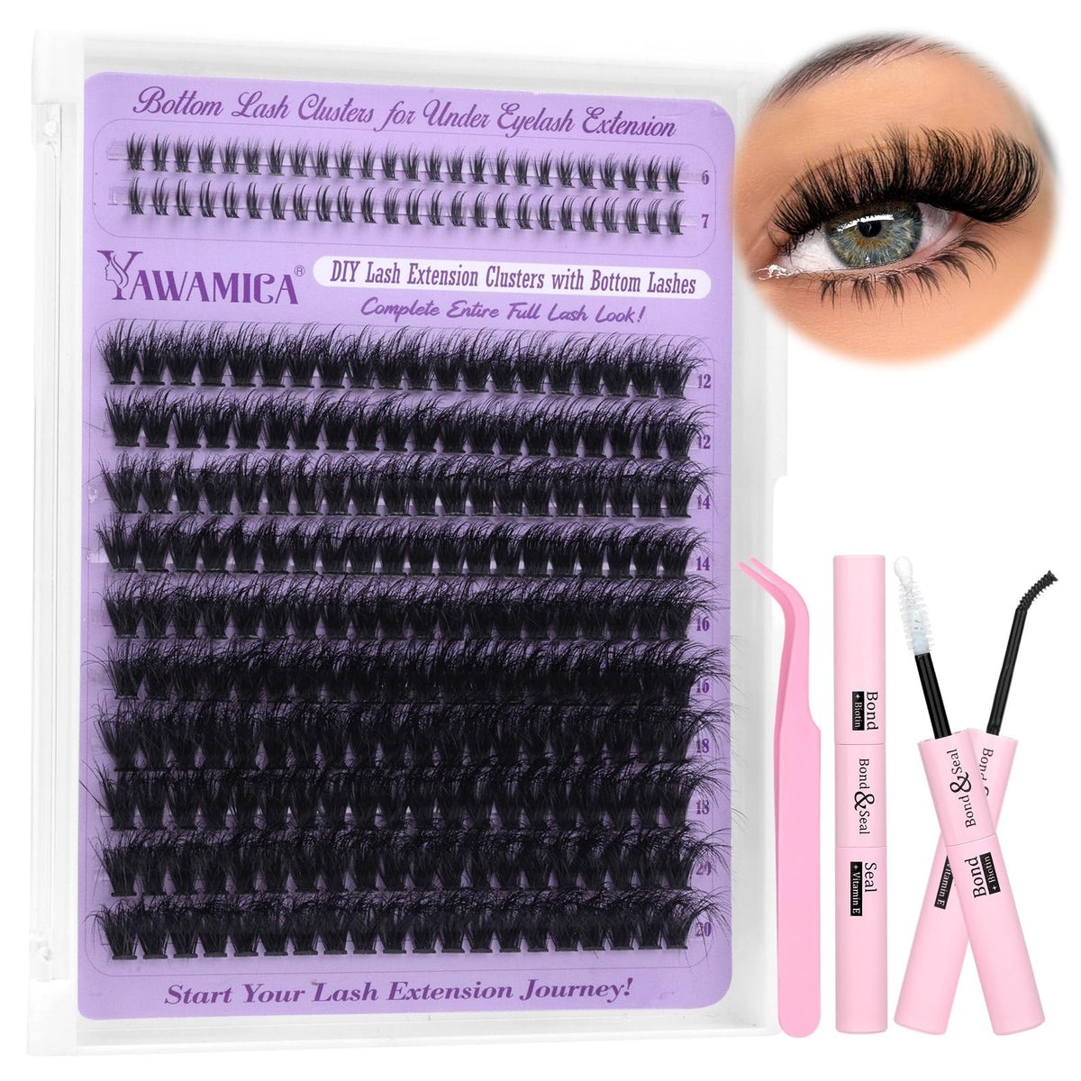 Kit d'extensions de cils Yawamica avec cils en clusters et accessoires