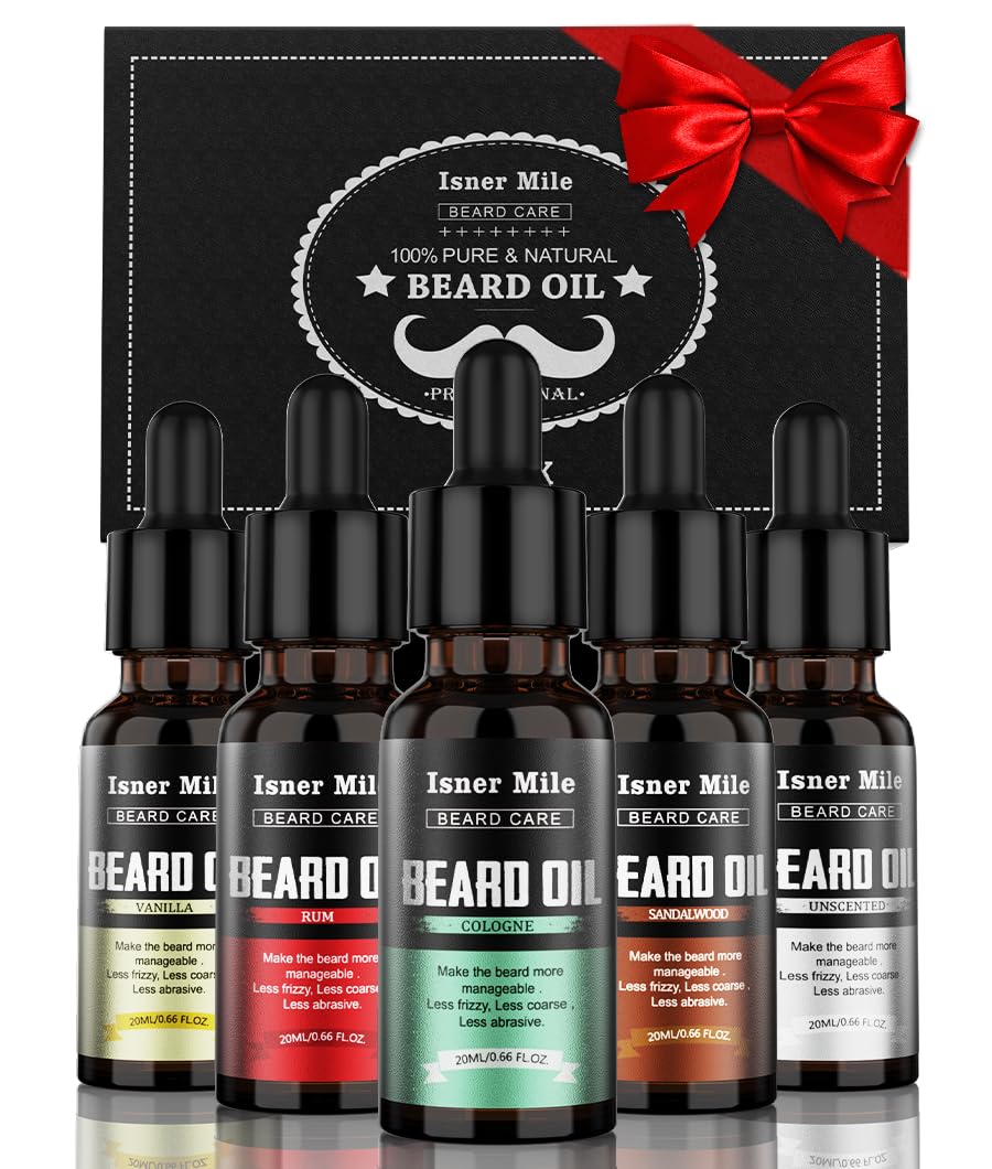 Kit d'huiles à barbe ISNER MILE avec cinq flacons et packaging