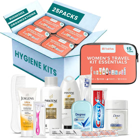 Kit d'hygiène TREKTOTE pour femmes avec 25 produits dans un sac transparent