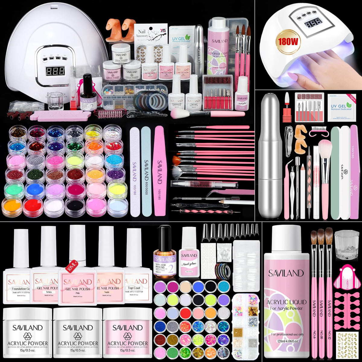 Kit d'ongles acryliques SAVILAND avec lampe UV de 180W