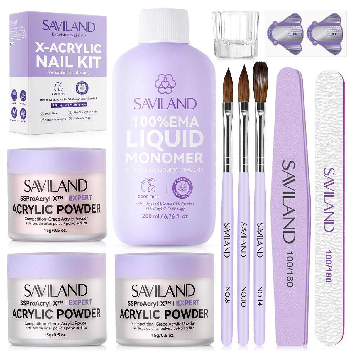 Kit d'ongles en acrylique SAVILAND avec 3 couleurs de poudre