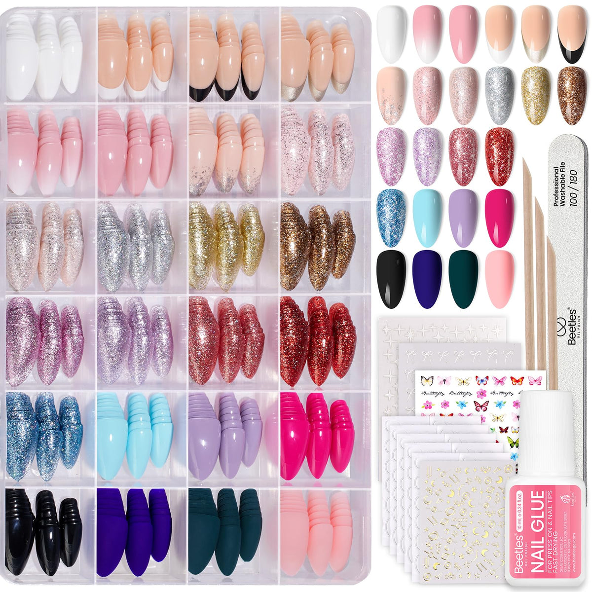 Kit d'ongles press-on Beetles avec 720 pièces et 24 couleurs