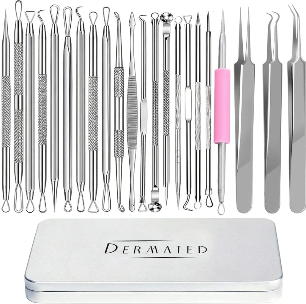Kit de 22 outils DERMATED pour élimination des points noirs dans un étui en métal