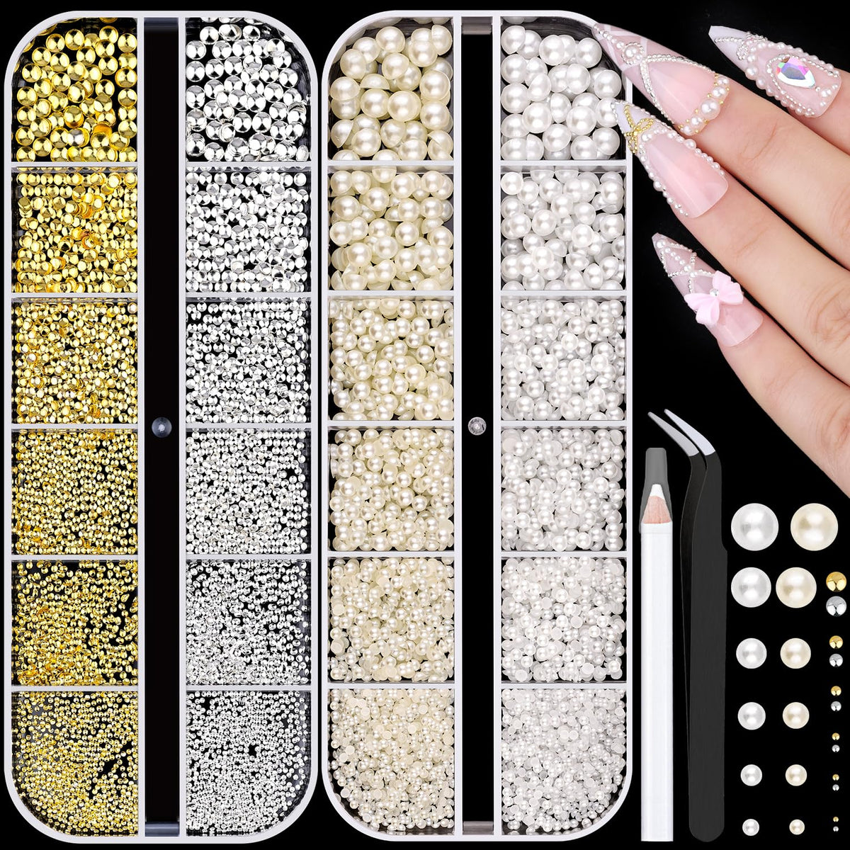 Kit de 7500 charms à ongles BELLEBOOST avec perles métalliques et plates