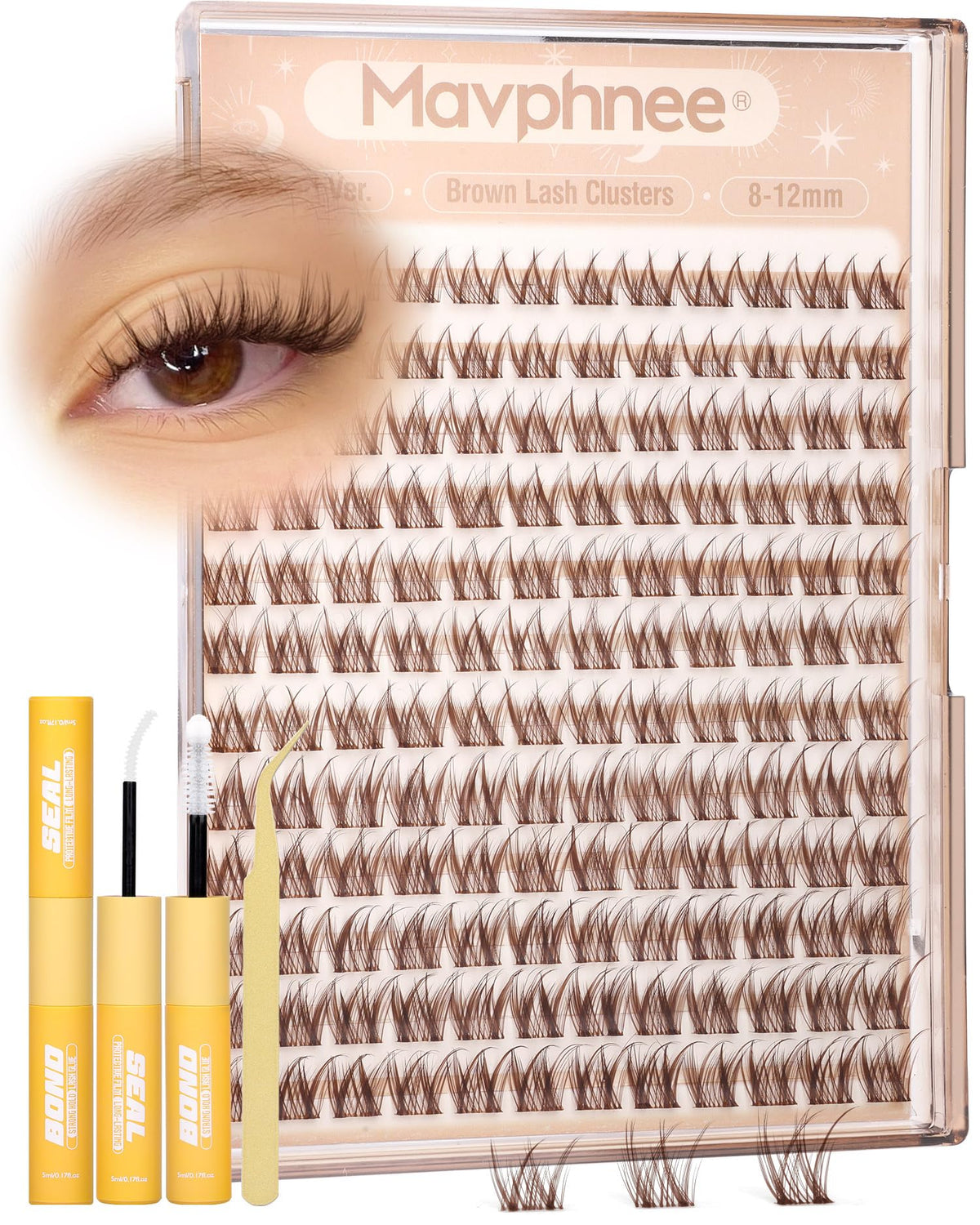 Kit de cils clusters marron Mavphnee vue de face avec 144 pièces