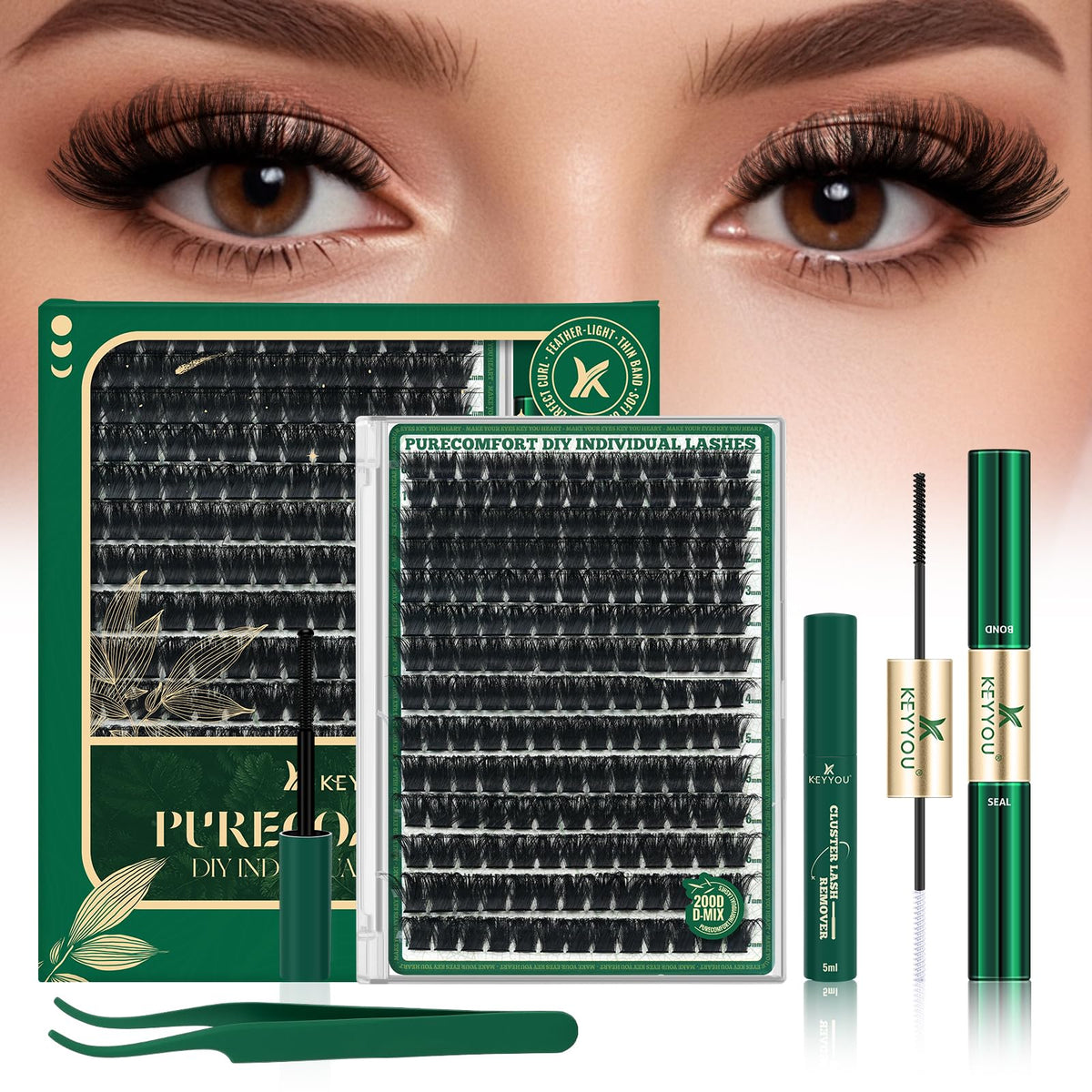 Kit de cils en grappes KEYYOU 200D D Curl avec 182 pièces