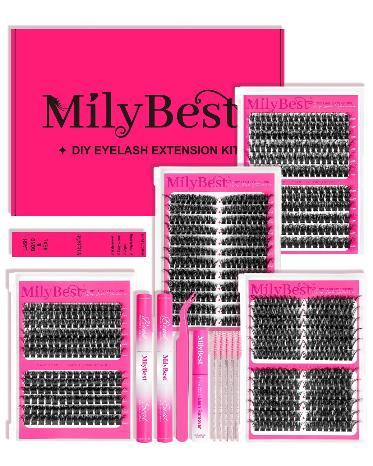 Kit de cils en grappes MilyBest avec 864 pcs et accessoires