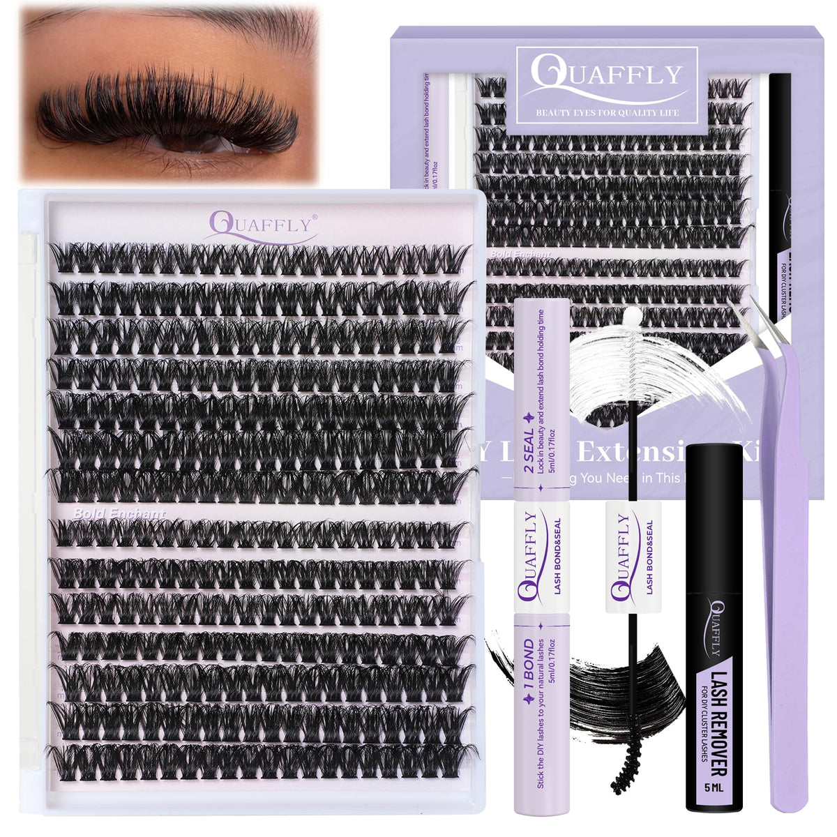 Kit de cils en grappes QUAFFLY avec 280 cils et outils