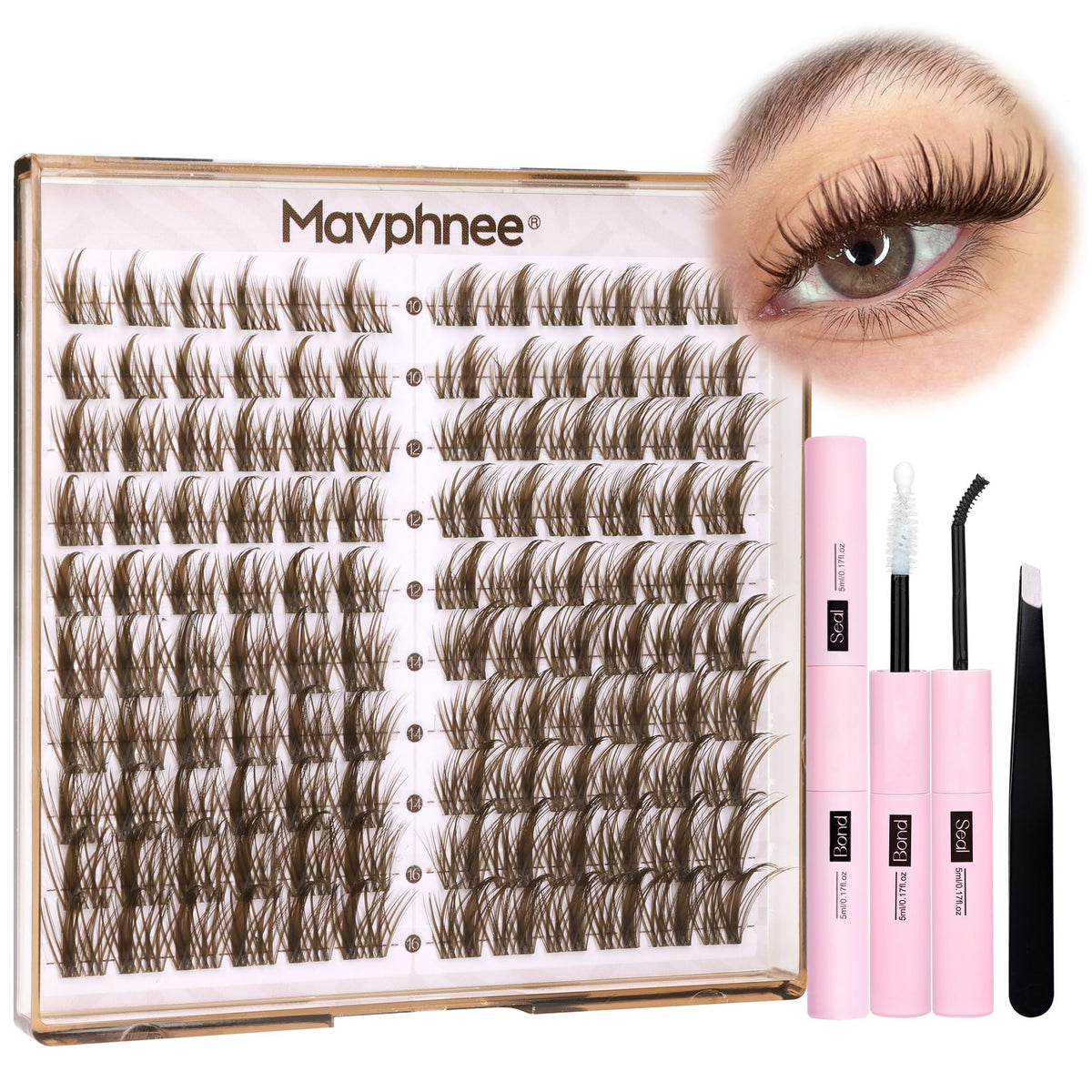 Kit de cils marron Mavphnee avec 120 clusters en boîte