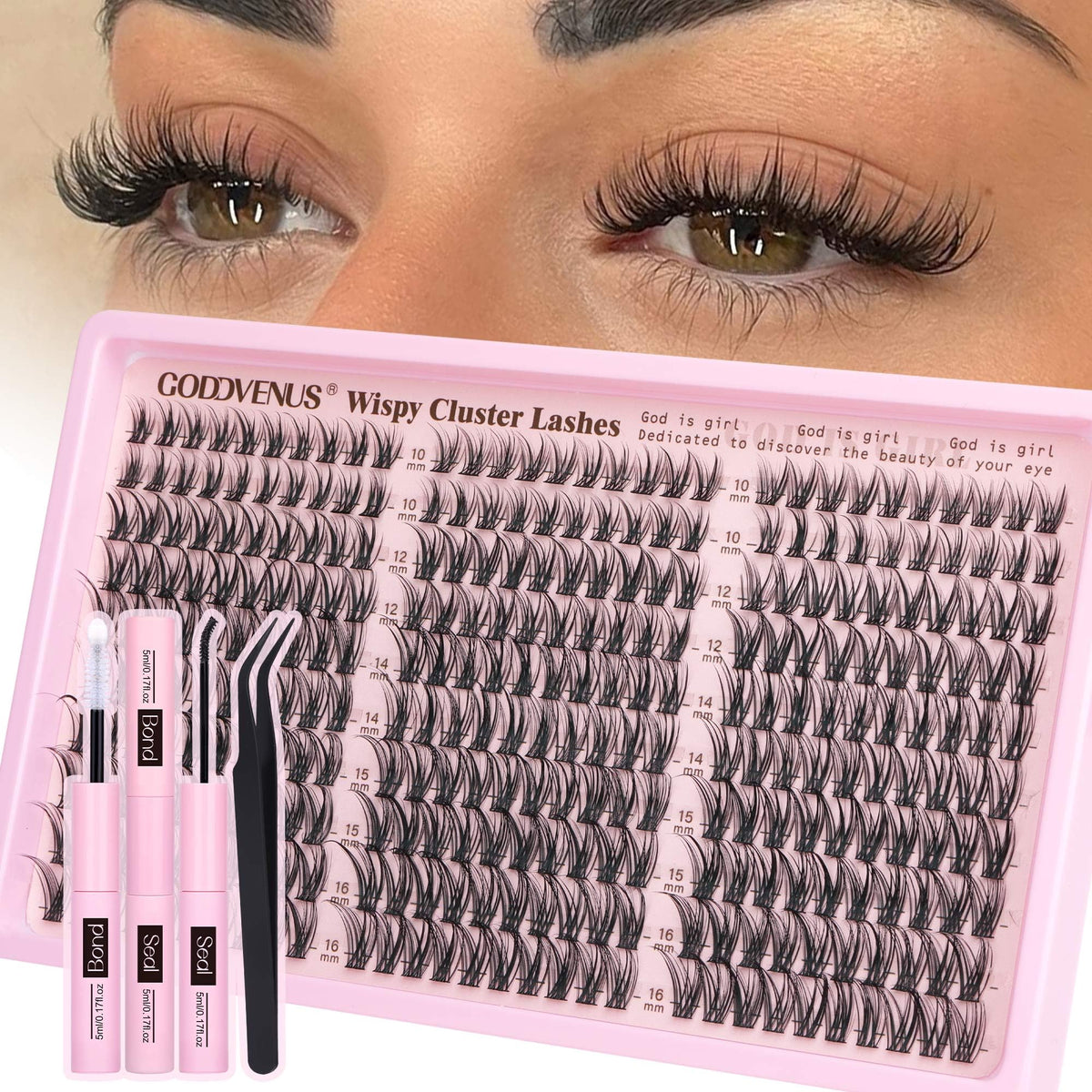 Kit de clusters de cils Goddvenus vue de face avec pince incluse