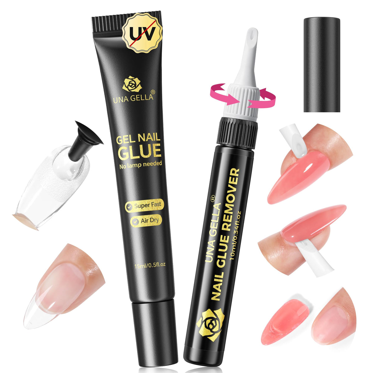 Kit de colle à ongles UNA GELLA 15g et dissolvant 10ml en vue de face