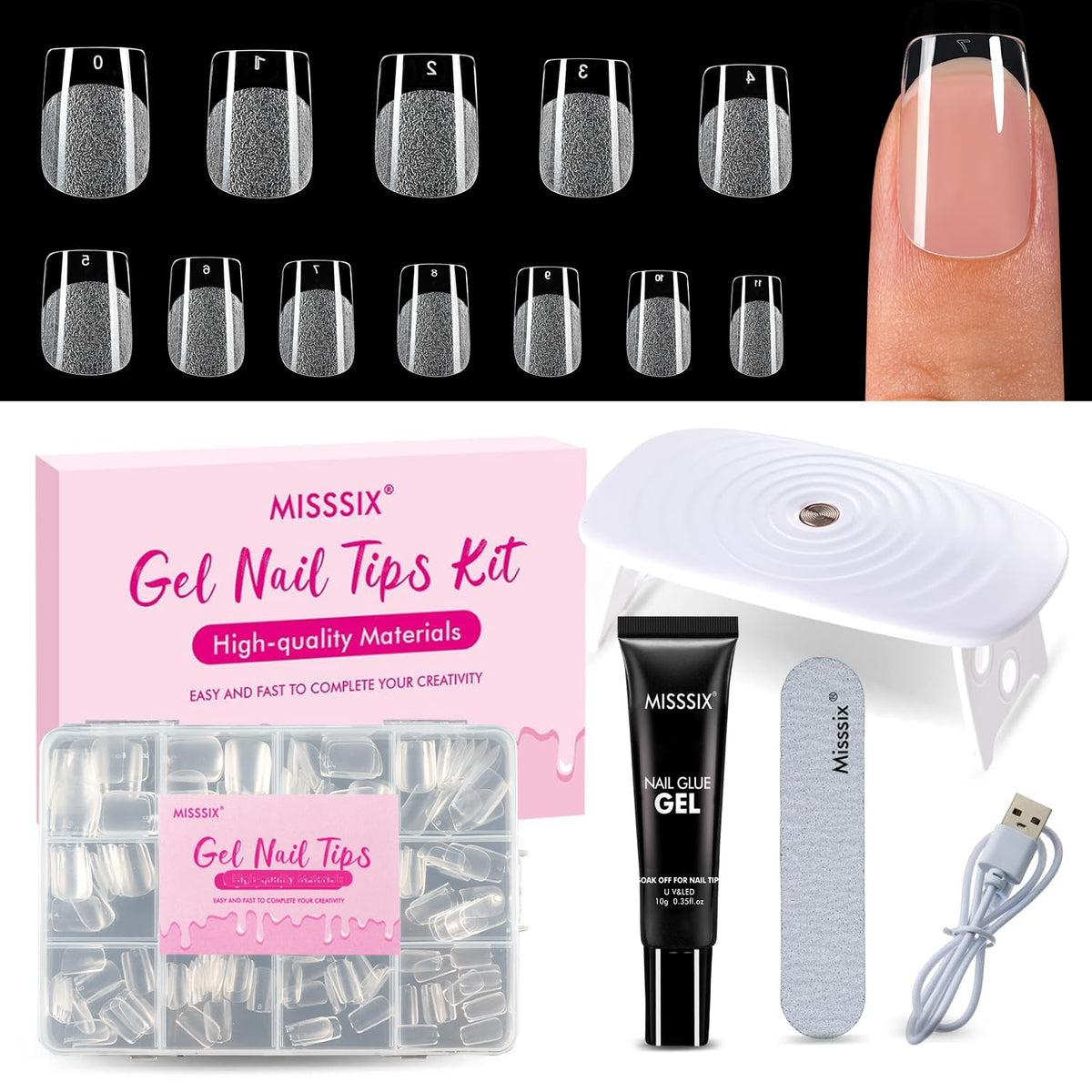 Kit de conseils en gel Misssix 216 pièces avec lampe UV/LED