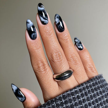 Kit de faux ongles amande LPOODDNU marbré noir, 24 pièces