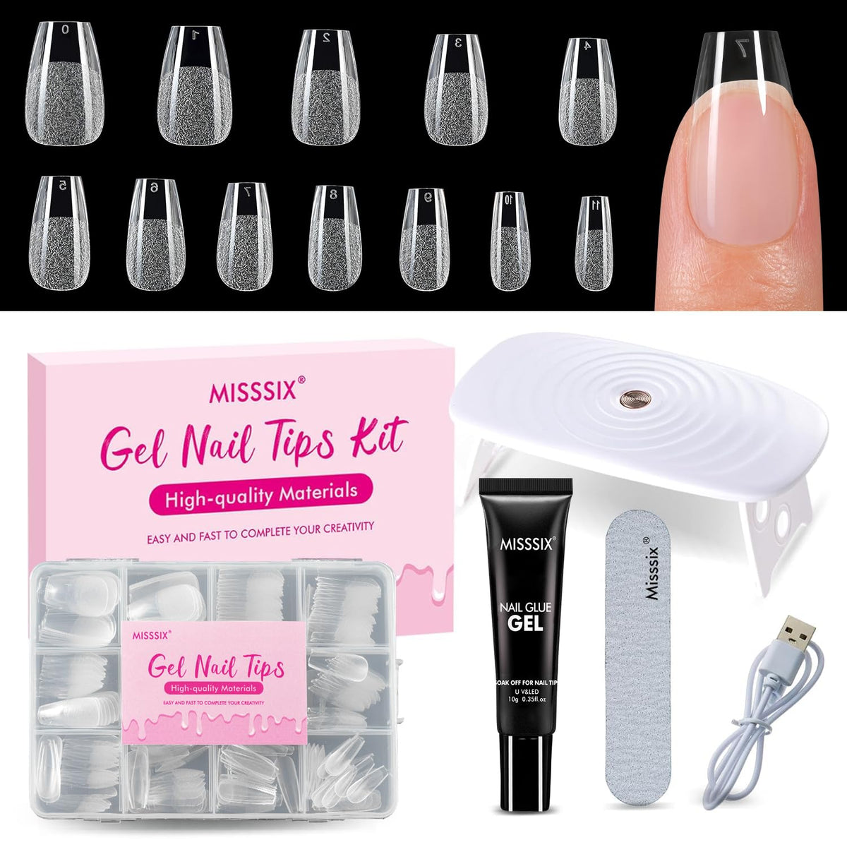 Kit de faux ongles en gel Misssix 216 pcs avec lampe UV