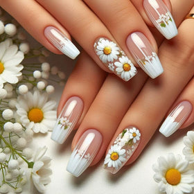 Kit de faux ongles juggssa avec designs de marguerite, 24 pièces