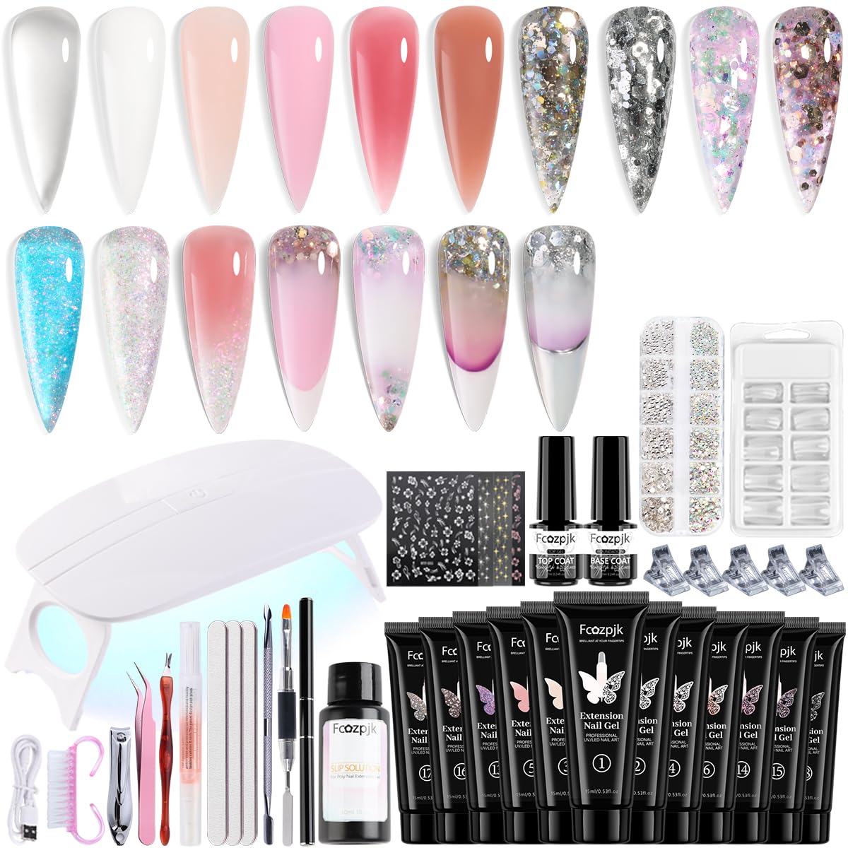 Kit de gel poly Fcozpjk avec 12 couleurs et accessoires complets