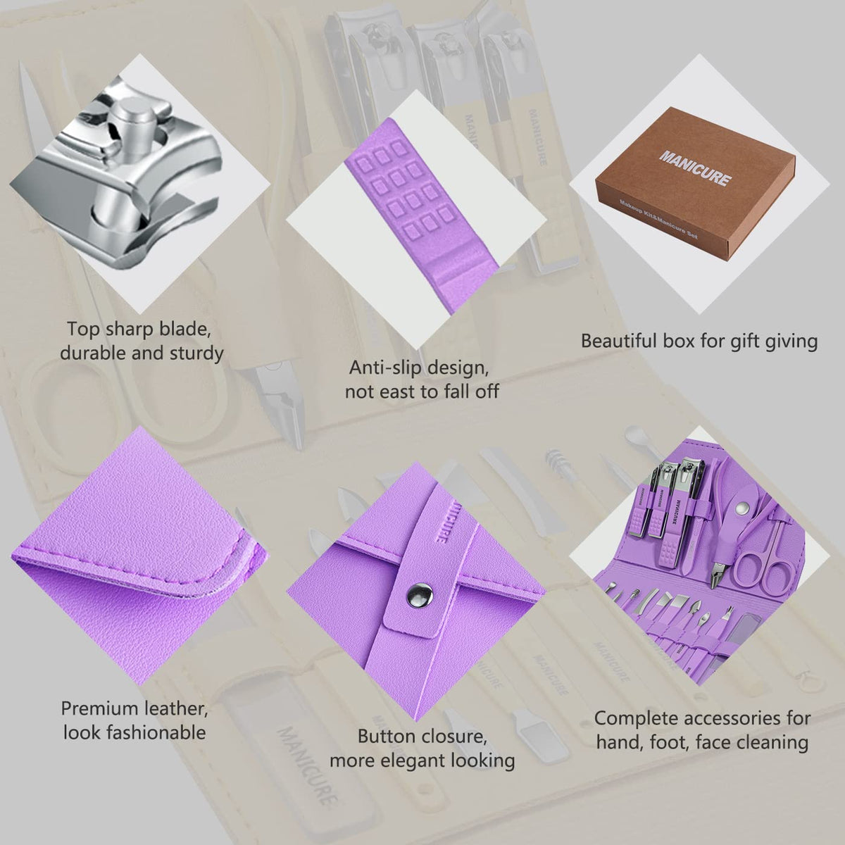 Kit de manucure Leipple ouvert montrant tous les outils