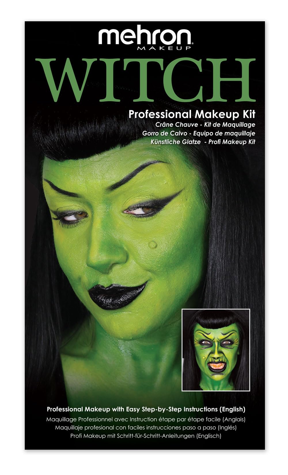 Kit de maquillage sorcière Mehron vue de face avec accessoires