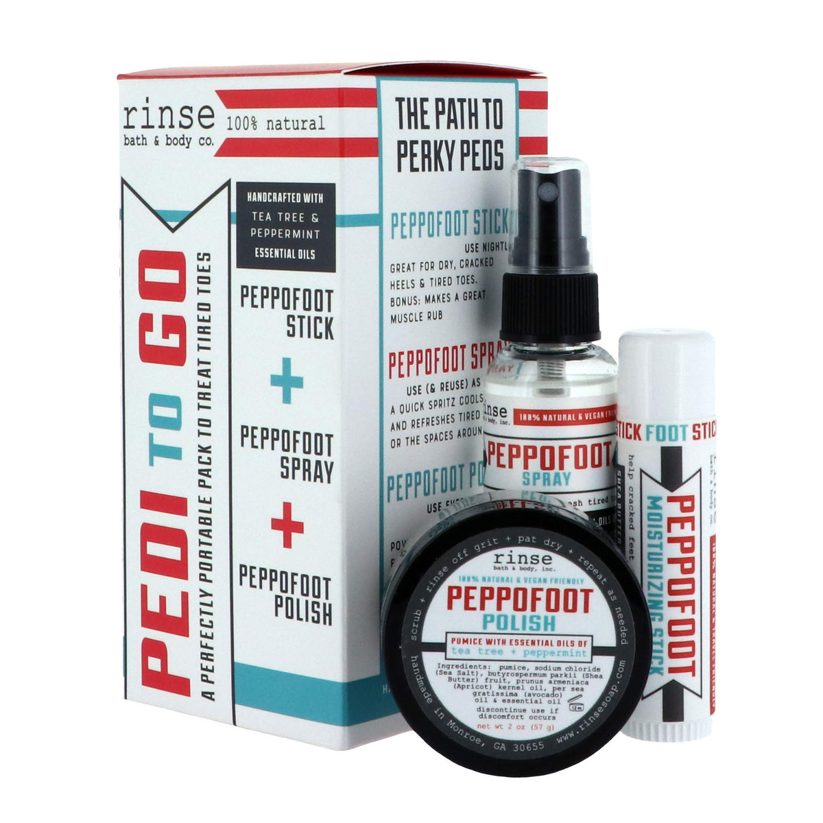 Kit de pédicure Peppofoot Rinse Bath & Body avec gommage, stick et spray