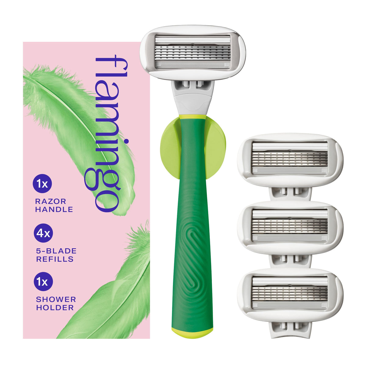 Kit de rasage Flamingo avec manche et recharges sur fond blanc