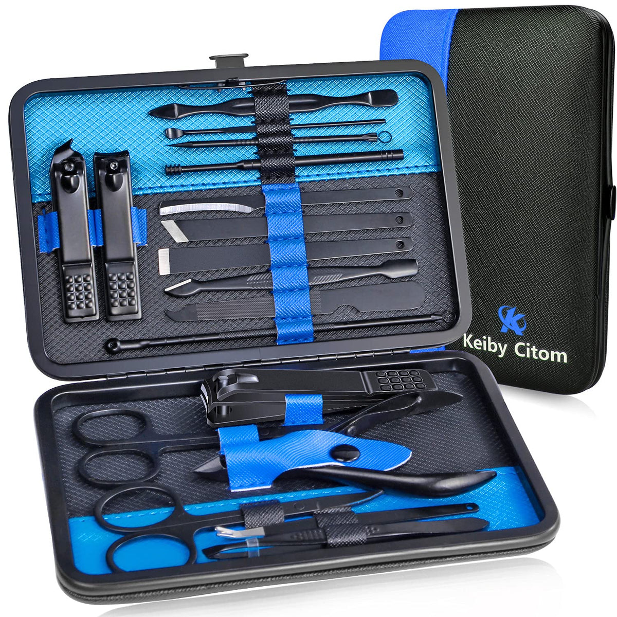 Kit de soins Keiby Citom en acier inoxydable 18pcs, vue de l'étui ouvert