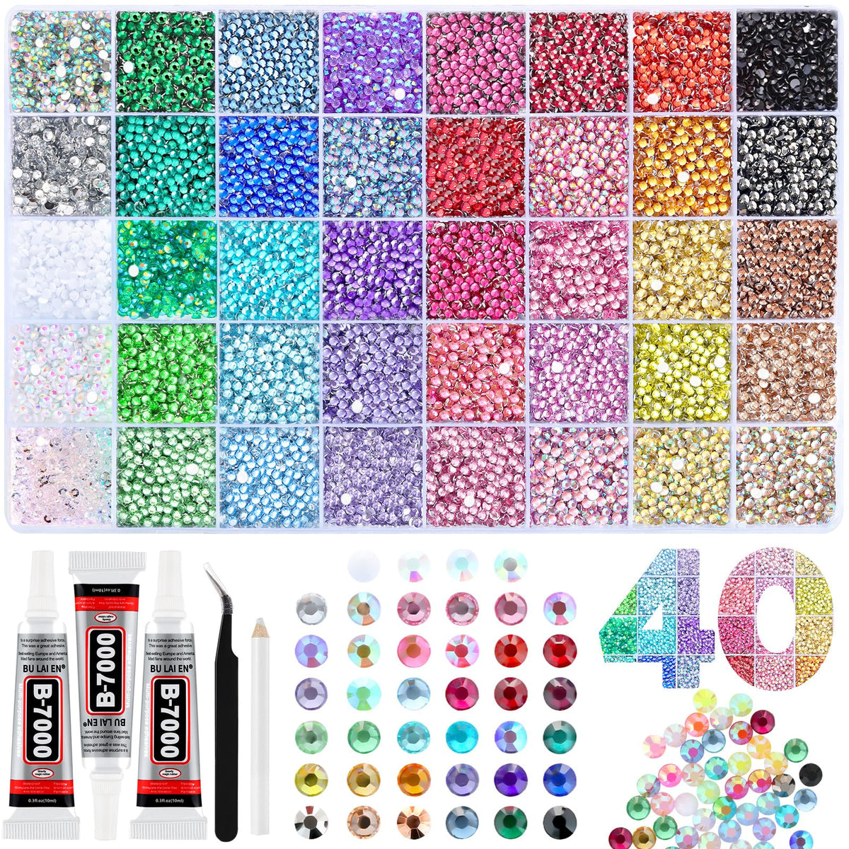 Kit de strass Zefy 40 couleurs 3mm avec boîte de rangement