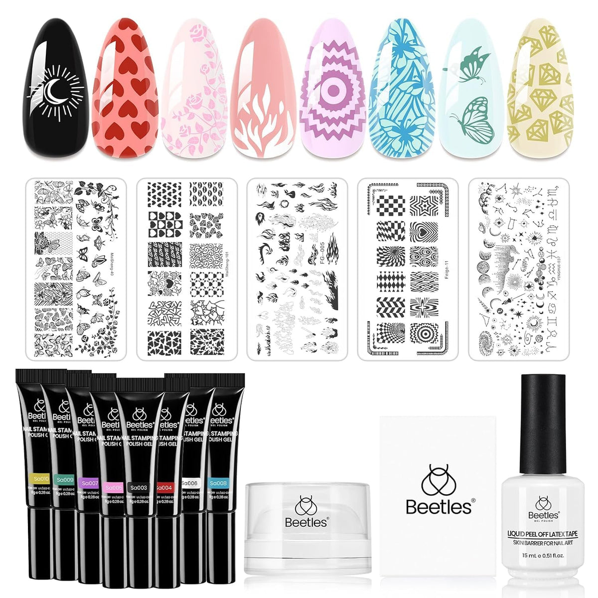 Kit de tampons à ongles beetles avec 8 gels de couleur et accessoires