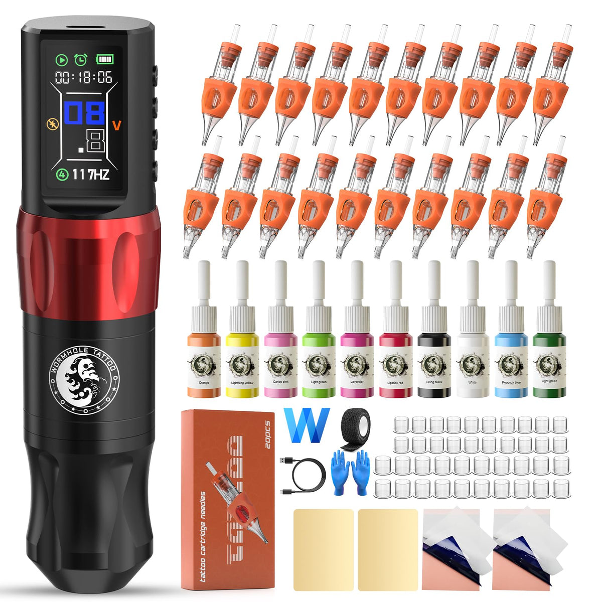 Kit de tatouage sans fil Wormhole Saros, vue avant avec machine et accessoires
