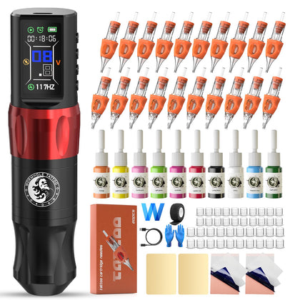 Kit de tatouage sans fil Wormhole Saros, vue avant avec machine et accessoires