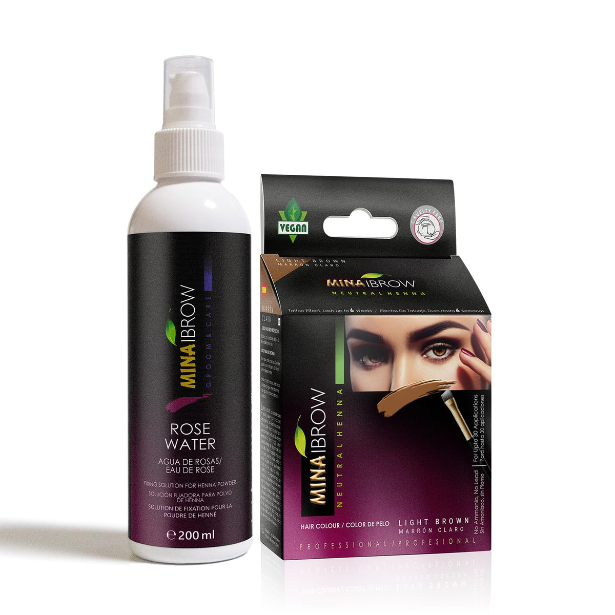 Kit de Teinture au Henné MinaiBrow avec Eau de Rose, Brun Clair, vue de face