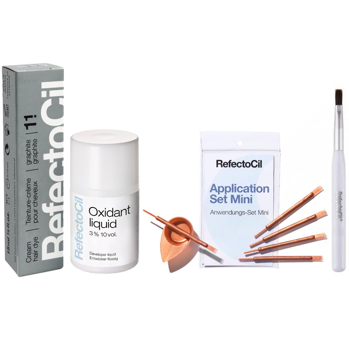 Kit de teinture capillaire RefectoCil Graphite #1.1 vue avant avec teinture crème et développeur liquide